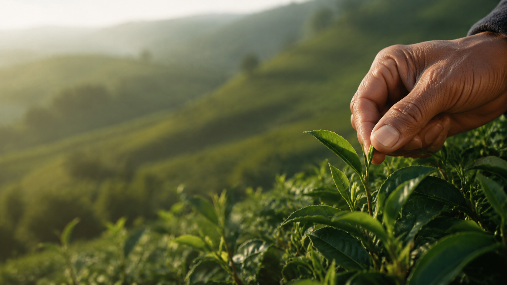 A hand selecting fresh tea leaves in a mountain tea field