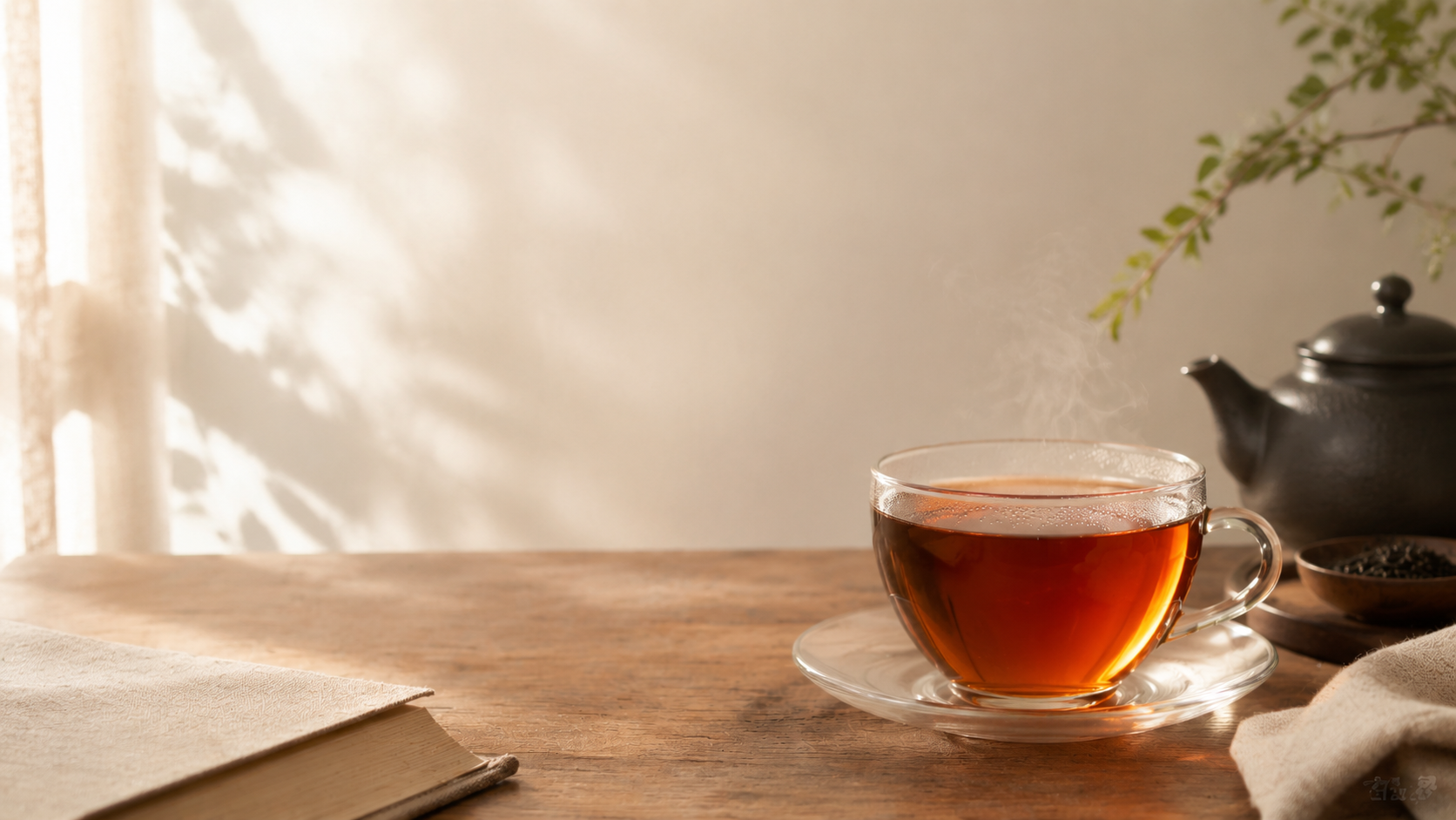 A warm glass of tea beside a teapot